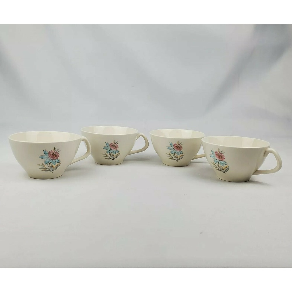 4 Steubenville Pottery Co Fairlane Teacup Set Blue Pink Floral 50s-60s MCM‎ USA